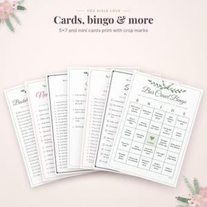 May include: A collection of printable game cards for events, featuring the text "You aisle love Cards, bingo & more" and "5x7 and mini cards print with crop marks." The cards include "Bar Crawl Bingo" and various activity lists with green leaf accents.