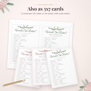 May include: A printable bridal shower game titled Would She Rather featuring a list of 20 questions with checkboxes. The design includes green leaf illustrations and pink floral accents. A wooden pencil lies diagonally across the bottom left corner.