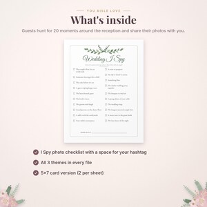 May include: A white Wedding I Spy game card featuring a green leaf illustration at the top. The card lists 20 photo tasks for guests to complete at a reception, with checkboxes next to each item and a line at the bottom for a hashtag.