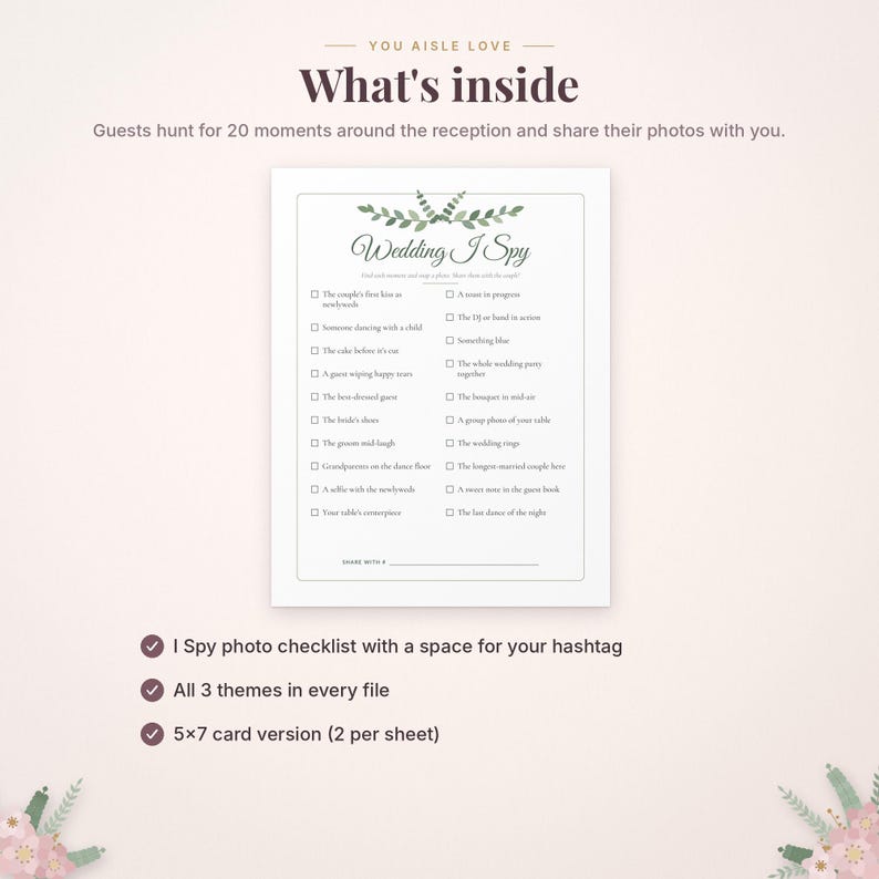 May include: A white Wedding I Spy game card featuring a green leaf illustration at the top. The card lists 20 photo tasks for guests to complete at a reception, with checkboxes next to each item and a line at the bottom for a hashtag.