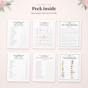 May include: A collection of six printable wedding game sheets featuring Guess the Price, Bridal Bingo, Love Story Movie Quiz, Purse Hunt, How Well Do You Know The Bride, and Emoji Wedding Quiz, all decorated with floral accents and text.