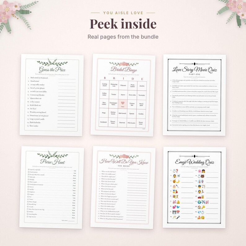 May include: A collection of six printable wedding game sheets featuring Guess the Price, Bridal Bingo, Love Story Movie Quiz, Purse Hunt, How Well Do You Know The Bride, and Emoji Wedding Quiz, all decorated with floral accents and text.