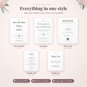 May include: A wedding stationery set featuring a Save the Date, invitation, RSVP card, details card, and thank you card. Each white card has black text and a thin border. The Save the Date and invitation measure 5 by 7 inches, while the RSVP and thank you cards measure 4.25 by 5.5 inches.