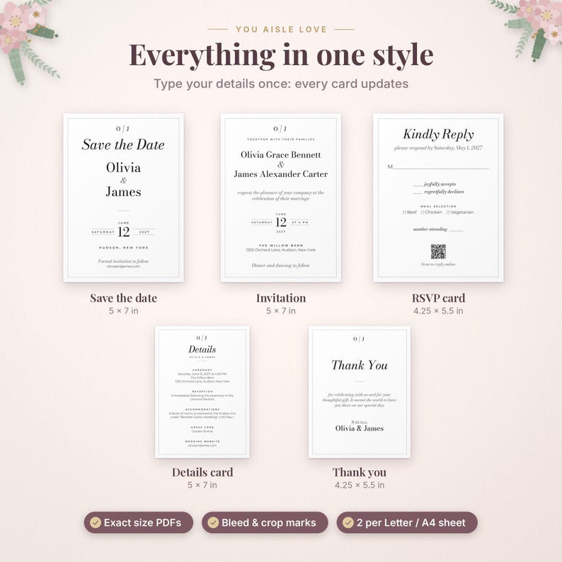 May include: A wedding stationery set featuring a Save the Date, invitation, RSVP card, details card, and thank you card. Each white card has black text and a thin border. The Save the Date and invitation measure 5 by 7 inches, while the RSVP and thank you cards measure 4.25 by 5.5 inches.