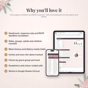 May include: A digital guest list and RSVP tracker displayed on a tablet and smartphone. The interface features spreadsheets, charts, and lists for tracking meal choices, headcounts, and deadlines, compatible with Google Sheets and Excel.