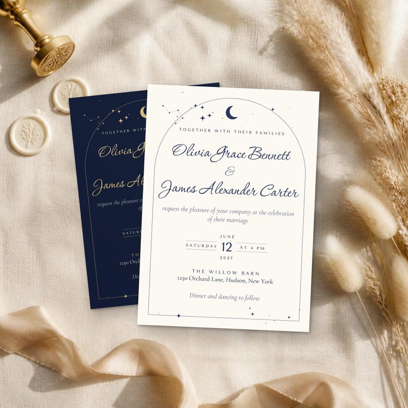 May include: Two wedding invitation cards featuring an arched celestial design with stars and a crescent moon. The text reads: Together with their families, Olivia Grace Bennett and James Alexander Carter request the pleasure of your company at the celebration of their marriage, Saturday June 12 at 4 PM, 2027, The Willow Barn, 1250 Orchard Lane, Hudson, New York.