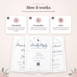 May include: An instructional graphic titled How it works with three steps: Download, Personalize, and Print. Below are three white wedding stationery cards featuring an arched celestial design with stars and a moon, including a Kindly Reply card.