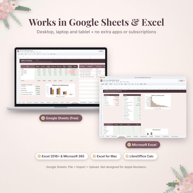 May include: A digital wedding planner spreadsheet displayed on a laptop and a separate screen, featuring tables, charts, and financial data. Text includes Works in Google Sheets & Excel, Google Sheets (free), Microsoft Excel, Excel 2016+ & Microsoft 365, Excel for Mac, LibreOffice Calc, and Google Sheets: File > Import > Upload. Not designed for Apple Numbers.