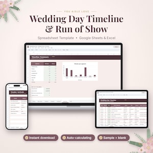 Pode incluir: Um modelo de planilha digital para cronograma e roteiro de dia de casamento para Google Sheets e Excel. A tela exibe um painel de resumo com gr&aacute;fico de barras, lista de fornecedores e um cronograma detalhado do evento.