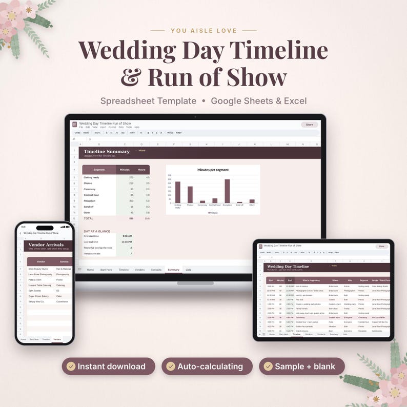 Pode incluir: Um modelo de planilha digital para cronograma e roteiro de dia de casamento para Google Sheets e Excel. A tela exibe um painel de resumo com gr&aacute;fico de barras, lista de fornecedores e um cronograma detalhado do evento.