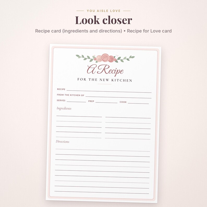 Pode incluir: Um cart&atilde;o de receitas branco com uma ilustra&ccedil;&atilde;o floral de rosas cor-de-rosa e folhas verdes no topo. O texto diz A Recipe FOR THE NEW KITCHEN, com linhas em branco para o nome da receita, origem, por&ccedil;&otilde;es, tempo de prepara&ccedil;&atilde;o e de cozedura.