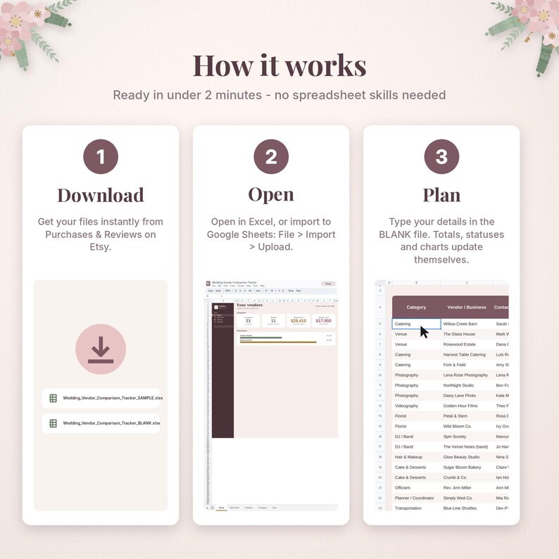May include: An infographic titled How it works showing three steps: 1 Download, 2 Open, and 3 Plan. It explains how to use a digital spreadsheet for wedding vendor tracking, featuring icons, file names, and a sample data table.