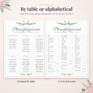 May include: Two white wedding seating charts with green leaf illustrations. The left chart is organized by table, and the right chart is organized alphabetically. Both feature the text "Please find your seat," "Olivia & James," and "June 12, 2027," with dimensions of 18x24 or 24x36 inches.