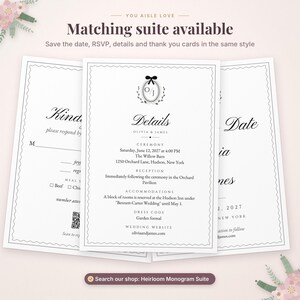 K&ouml;nnte beinhalten: Ein Set aus wei&szlig;en Hochzeitseinladungskarten mit schwarzem Text und gewelltem Rand. Die mittlere Karte zeigt den Text Details, Olivia & James sowie ein Monogramm-Logo mit einer Schleife. Die Karten enthalten Zeremonie-Informationen.