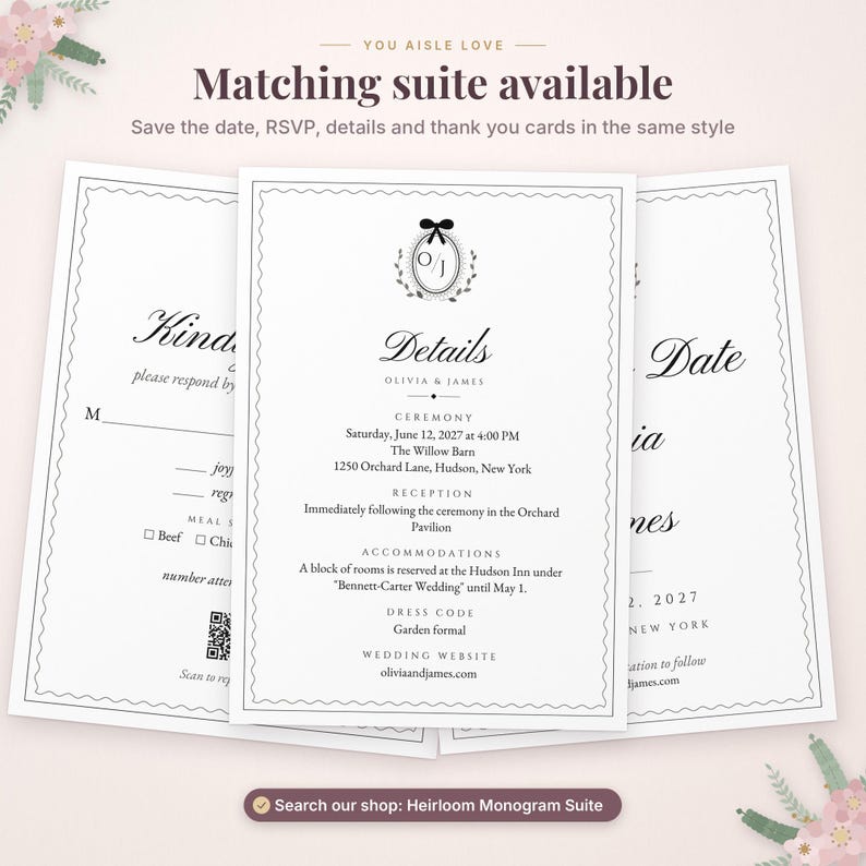 K&ouml;nnte beinhalten: Ein Set aus wei&szlig;en Hochzeitseinladungskarten mit schwarzem Text und gewelltem Rand. Die mittlere Karte zeigt den Text Details, Olivia & James sowie ein Monogramm-Logo mit einer Schleife. Die Karten enthalten Zeremonie-Informationen.