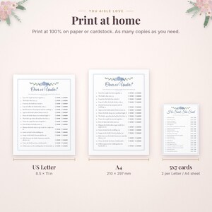 May include: Three printable wedding game sheets featuring blue floral accents. The sheets include Over or Under games in US Letter 8.5 x 11 inch and A4 sizes, plus a 5x7 inch He Said, She Said card. Text includes Print at home.
