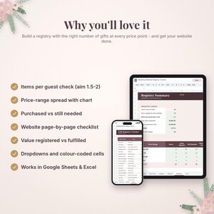 May include: A digital wedding registry tracker displayed on a tablet and smartphone screen. The interface features a summary table with columns for price range, items, units wanted, and still needed, compatible with Google Sheets and Excel.