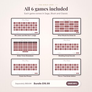 May include: A digital bundle of six wedding games titled You Aisle Love, including Pick a Number, Pick a Scenario, Bride Trivia Showdown, Pick a Puzzle, Finish the Phrase, and This or That Bride Edition, displayed in a blush and dark red color palette.