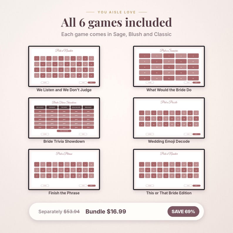 May include: A digital bundle of six wedding games titled You Aisle Love, including Pick a Number, Pick a Scenario, Bride Trivia Showdown, Pick a Puzzle, Finish the Phrase, and This or That Bride Edition, displayed in a blush and dark red color palette.