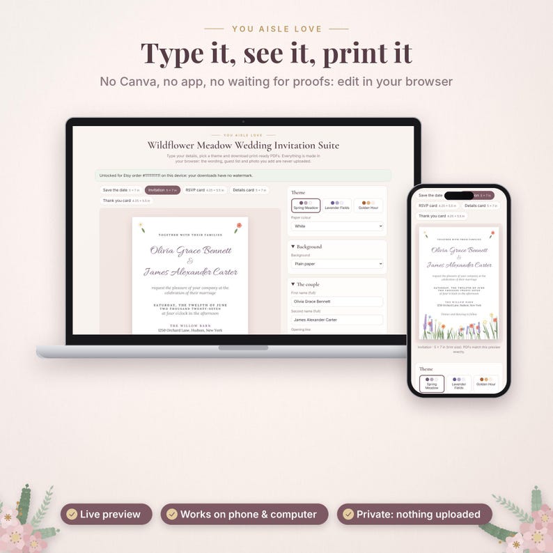May include: A laptop and smartphone displaying a digital wedding invitation template editor. The screen shows the text Type it, see it, print it and Wildflower Meadow Wedding Invitation Suite with editable fields for names and event details.