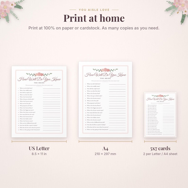 May include: Three printable game sheets titled How Well Do You Know The Bride with pink floral accents. The set includes US Letter 8.5 x 11 in, A4 210 x 297 mm, and 5x7 cards. Text includes Print at home and instructions for printing.