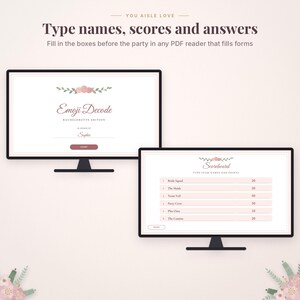 May include: Two computer monitors displaying a digital bachelorette party game. The screen text reads: You Aisle Love, Type names, scores and answers, Emoji Decode, Bachelorette Edition, in honor of Sophie, Start, and Scoreboard.
