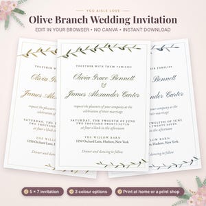 Puede incluir: Una plantilla de invitaci&oacute;n de boda digital con un dise&ntilde;o de rama de olivo. El texto dice: Olive Branch Wedding Invitation, Olivia Grace Bennett and James Alexander Carter, Saturday, the twelfth of June, two thousand twenty-seven.