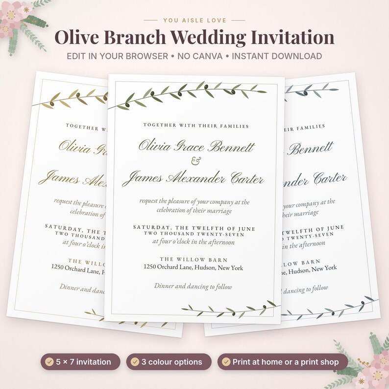 Puede incluir: Una plantilla de invitaci&oacute;n de boda digital con un dise&ntilde;o de rama de olivo. El texto dice: Olive Branch Wedding Invitation, Olivia Grace Bennett and James Alexander Carter, Saturday, the twelfth of June, two thousand twenty-seven.