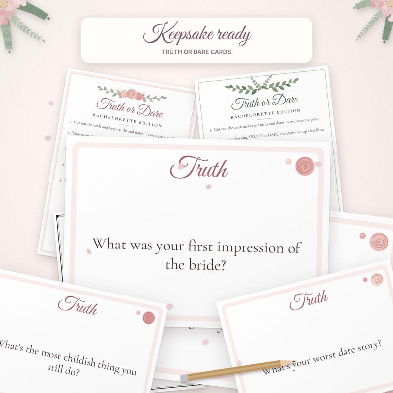 May include: A set of Truth or Dare bachelorette edition cards with floral accents. The cards feature text including Keepsake ready, Truth or Dare, and specific questions like What was your first impression of the bride? and What's the most childish thing you still do?