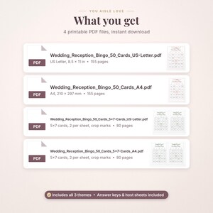 May include: A digital list of four printable PDF files titled You Aisle Love What you get. The files include Wedding_Reception_Bingo_50_Cards_US-Letter.pdf, A4.pdf, 5x7-Cards_US-Letter.pdf, and 5x7-Cards_A4.pdf with page counts and dimensions.