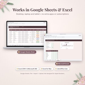 May include: A digital wedding party tracker template displayed on two laptop screens. The interface features tables, columns for names and contact details, and a summary chart. Text includes Works in Google Sheets & Excel, Google Sheets (free), Microsoft Excel, Excel 2016+ & Microsoft 365, Excel for Mac, and LibreOffice Calc.