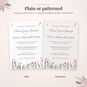 May include: Two wedding invitation cards featuring the text 'Olivia Grace Bennett & James Alexander Carter' with floral illustrations at the bottom. One card has a plain white background, while the other has a soft, light-colored pattern.