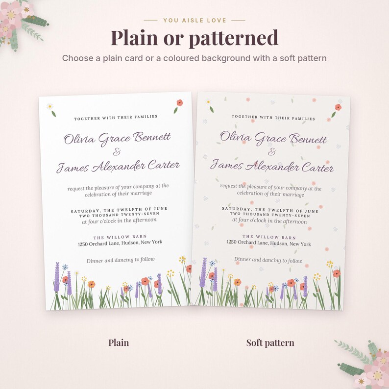 May include: Two wedding invitation cards featuring the text 'Olivia Grace Bennett & James Alexander Carter' with floral illustrations at the bottom. One card has a plain white background, while the other has a soft, light-colored pattern.