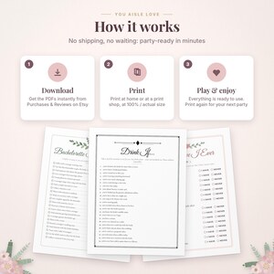 May include: An instructional graphic titled How it works with three steps: Download, Print, and Play & enjoy. Below are three printable bachelorette party game sheets featuring lists and checkboxes for activities and questions.