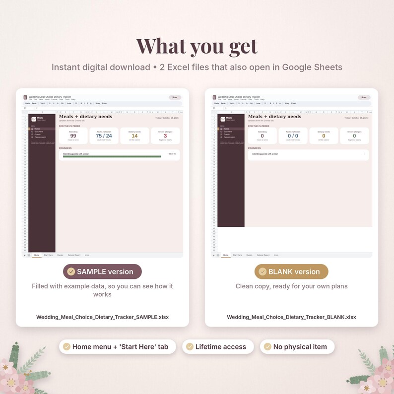 May include: A digital wedding meal and dietary needs tracker spreadsheet with two versions: a sample version filled with example data and a blank version for personal use. The interface features a dark sidebar and light dashboard.