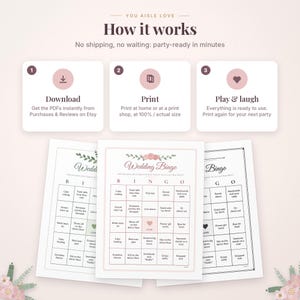 May include: A digital wedding bingo game instructional graphic with three steps: download, print, and play. Below are three printed bingo cards featuring a floral header, a five-by-five grid with wedding-themed prompts, and a central heart icon.