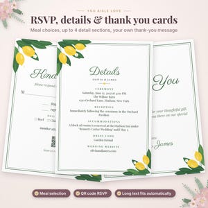 May include: A set of wedding stationery including RSVP, details, and thank you cards. The white cards feature a green border and yellow lemon illustrations with green leaves. Text includes RSVP, Details, and Thank You with event information.