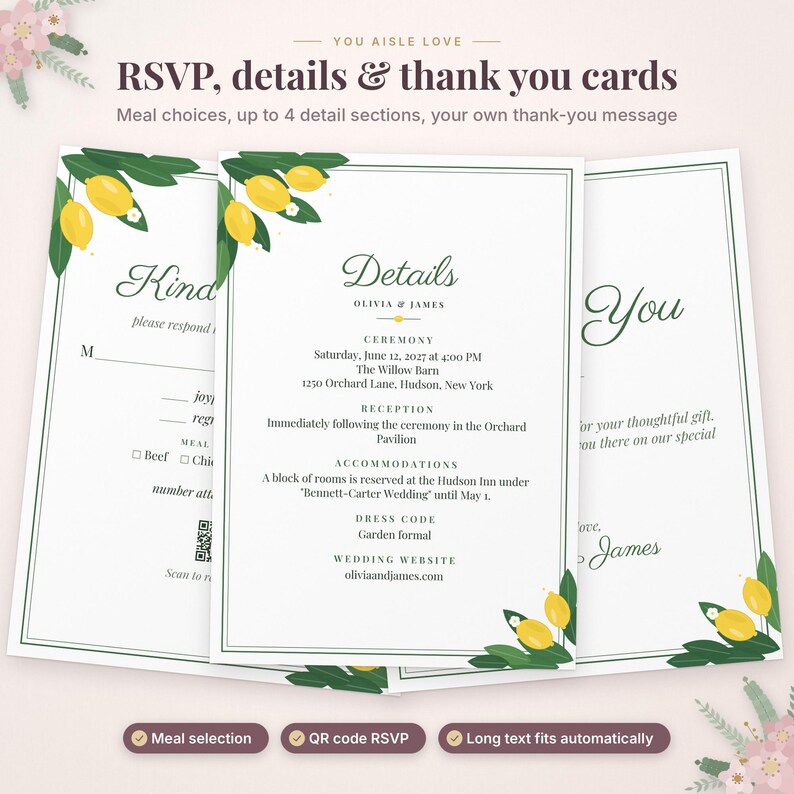 May include: A set of wedding stationery including RSVP, details, and thank you cards. The white cards feature a green border and yellow lemon illustrations with green leaves. Text includes RSVP, Details, and Thank You with event information.