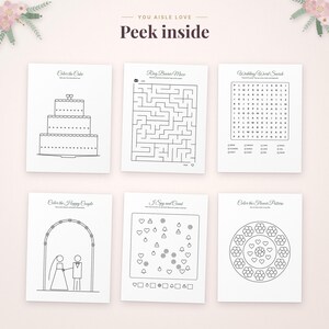 May include: Six white activity sheets for children featuring black line art designs including a three-tiered wedding cake, a ring bearer maze, a wedding word search, a bride and groom under an arch, an I Spy game, and a flower pattern.