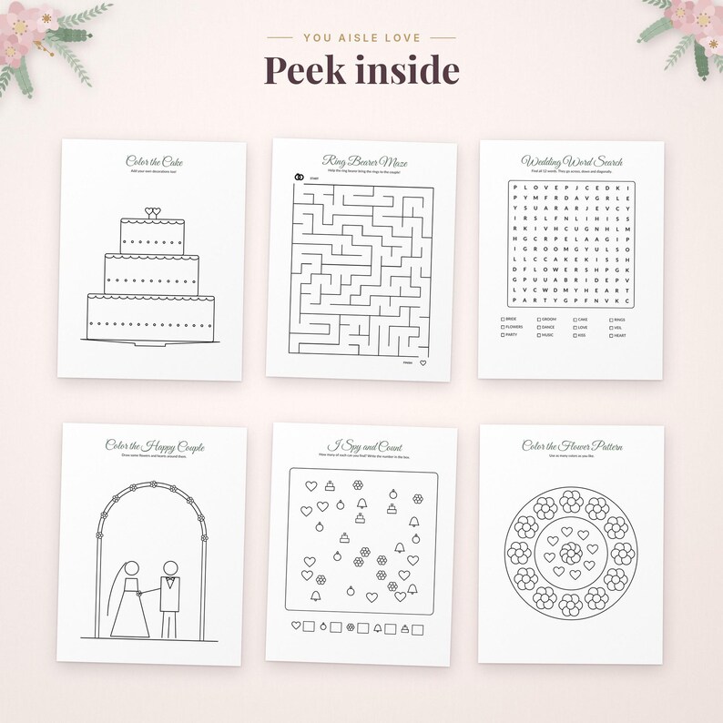 May include: Six white activity sheets for children featuring black line art designs including a three-tiered wedding cake, a ring bearer maze, a wedding word search, a bride and groom under an arch, an I Spy game, and a flower pattern.