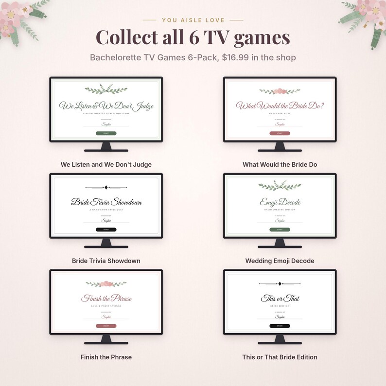 May include: Six computer monitors displaying digital bachelorette party games titled We Listen and We Don't Judge, What Would the Bride Do, Bride Trivia Showdown, Wedding Emoji Decode, Finish the Phrase, and This or That Bride Edition.