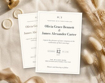 May include: A white wedding invitation card featuring the text O J, Together with their families, Olivia Grace Bennett and James Alexander Carter request the pleasure of your company at the celebration of their marriage, Saturday June 12 2027 at 4 PM.