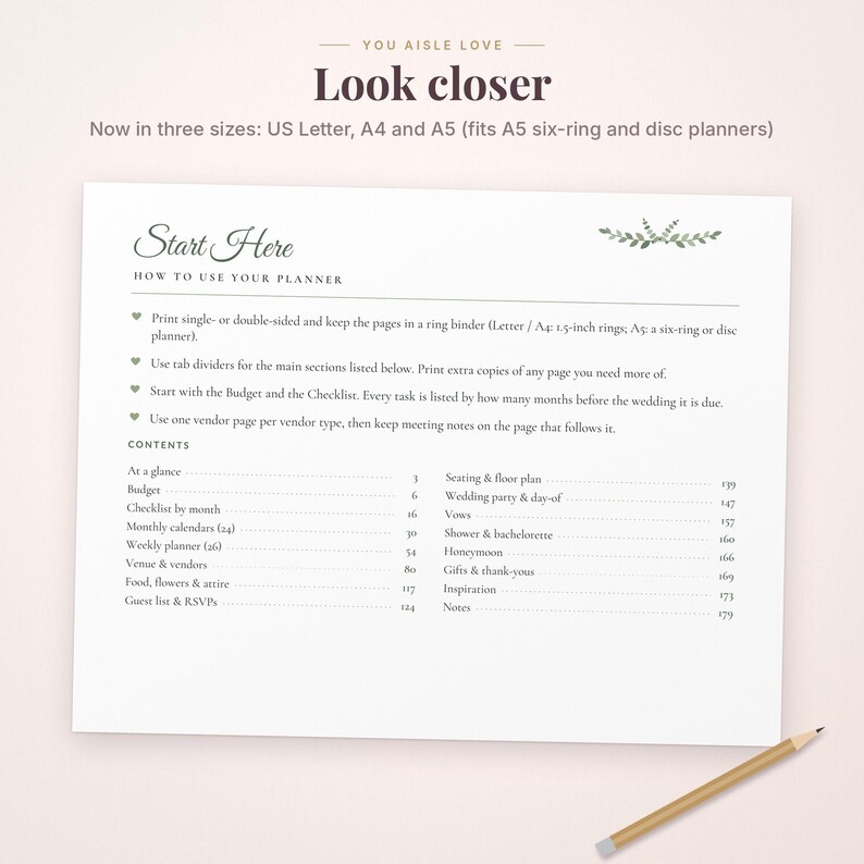 May include: A white wedding planner instruction page titled Start Here with a green leaf graphic. It lists How to Use Your Planner, contents from At a glance to Notes, and states it is available in US Letter, A4, and A5 sizes with a pencil below.