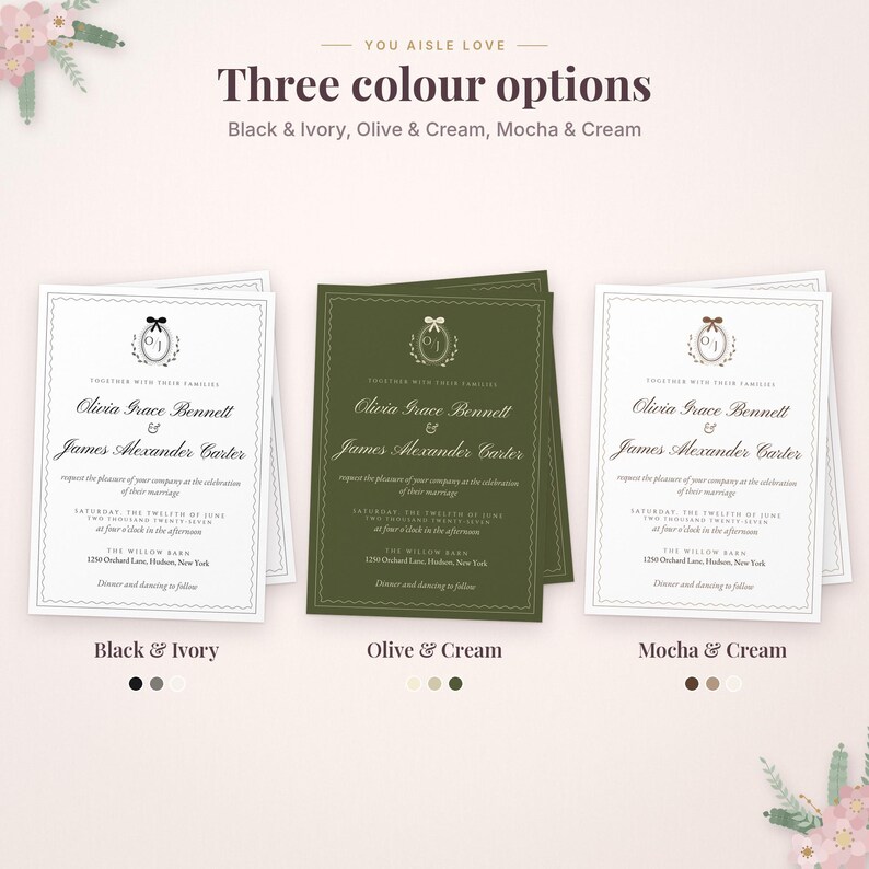 May include: Three wedding invitation cards with the text 'You aisle love' and 'Three colour options'. The cards are available in Black & Ivory, Olive & Cream, and Mocha & Cream. Each card features the names Olivia Grace Bennett and James Alexander Carter with event details and a decorative oval emblem at the top.