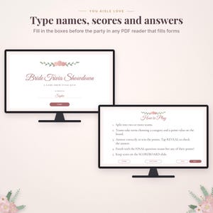May include: Two computer monitors displaying a digital Bride Trivia Showdown game. The screens feature floral graphics, instructions on how to play, and text fields for names, scores, and answers. The design uses a white background with pink accents.