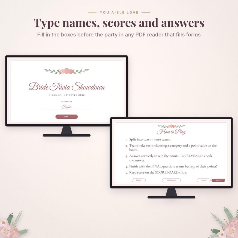May include: Two computer monitors displaying a digital Bride Trivia Showdown game. The screens feature floral graphics, instructions on how to play, and text fields for names, scores, and answers. The design uses a white background with pink accents.