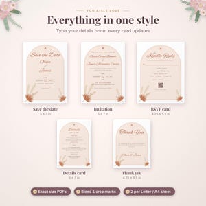 May include: A set of five wedding stationery cards featuring an arched design with dried palm leaf illustrations. The cards include a Save the Date, Invitation, RSVP card, Details card, and Thank You card, with text dimensions of 5x7 in and 4.25x5.5 in.