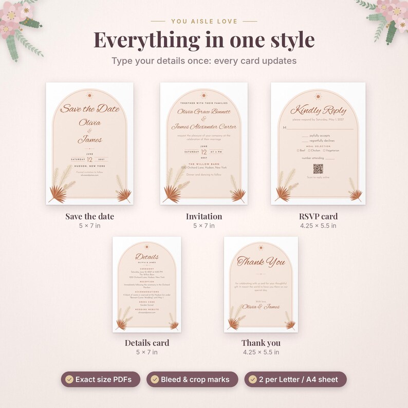 May include: A set of five wedding stationery cards featuring an arched design with dried palm leaf illustrations. The cards include a Save the Date, Invitation, RSVP card, Details card, and Thank You card, with text dimensions of 5x7 in and 4.25x5.5 in.