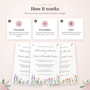 May include: An instructional graphic titled How it works with three steps: Download, Personalize, and Print. Below are three wedding invitation templates featuring floral illustrations at the bottom and text for Olivia Grace Bennett and James Alexander Carter.
