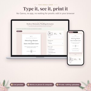 May include: A laptop and smartphone displaying a wedding invitation template editor with the text Type it, see it, print it. The interface shows fields for names, dates, and theme options, allowing users to customize and preview digital stationery.